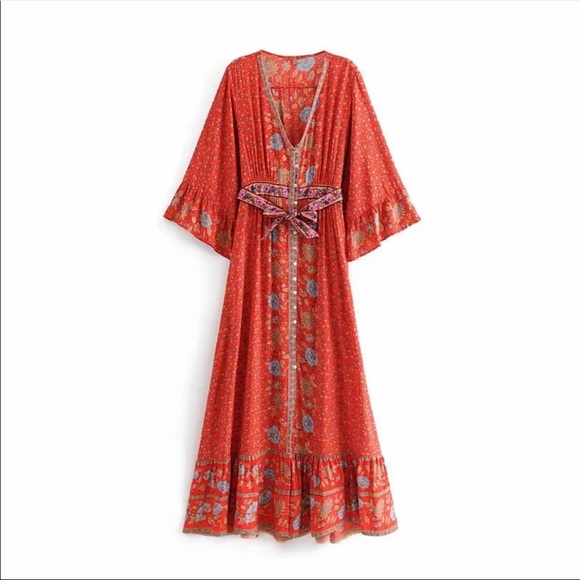 Red Boho Floral Gypsy Print Maxi Dress Kimono - Picture 6 of 11